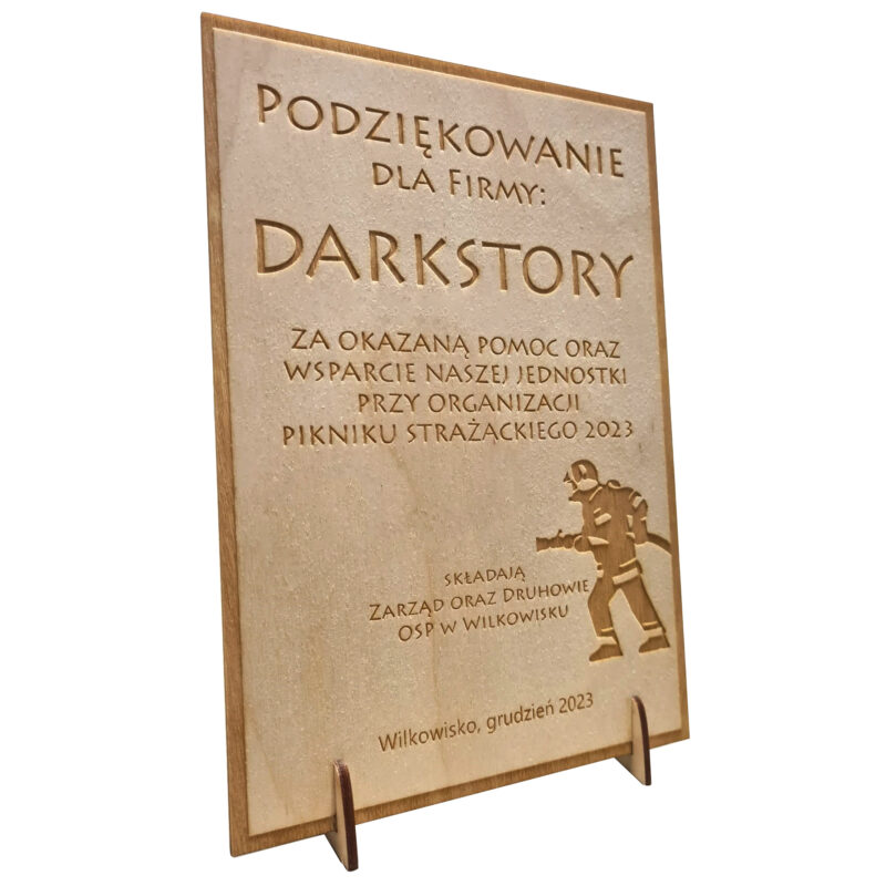 A standing picture of a thank you from the Volunteer Fire Department with an engraved wooden desk plaque for a gift for a company sponsor, e.g. from the Fire Department