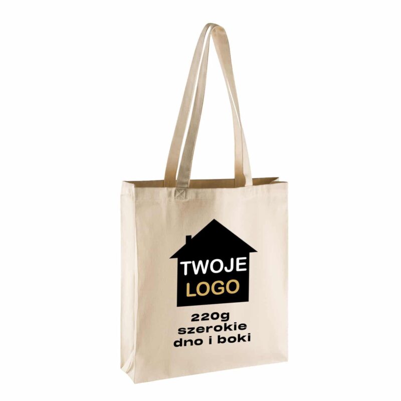 Cotton bag, long handle, wide bottom and sides, 220g, 38x42x10cm