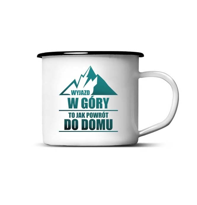 Steel metal enameled mug with black rim and print, 300ml
