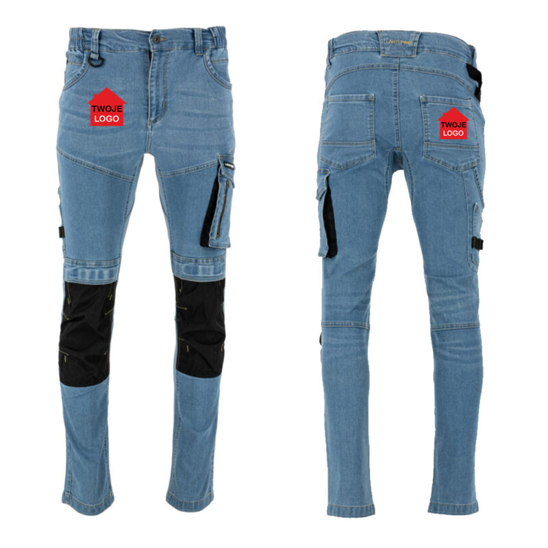 Men's slim fit denim work trousers, light blue, strong, Lahti Pro L40547, with your print