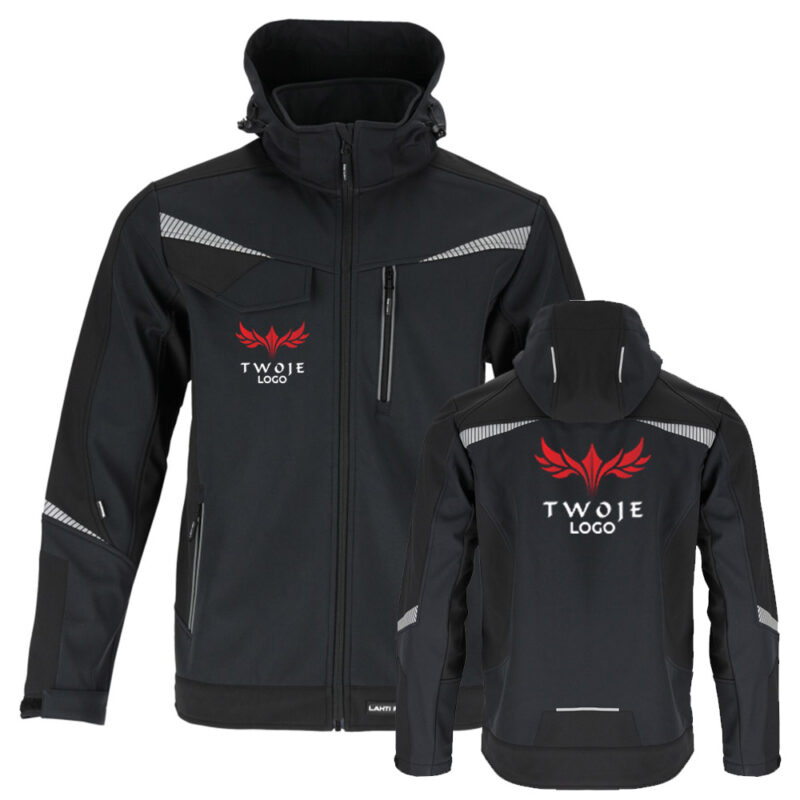 Men's unisex black Lahti Pro L40946 hooded soft-shell jacket with your print