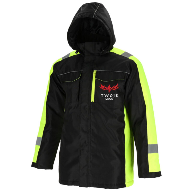 Men's insulated work jacket with hood, black and yellow, warm Lahti Pro L40948 with your print